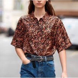 Sandro Animal Print Button Down Shirt 100% Silk